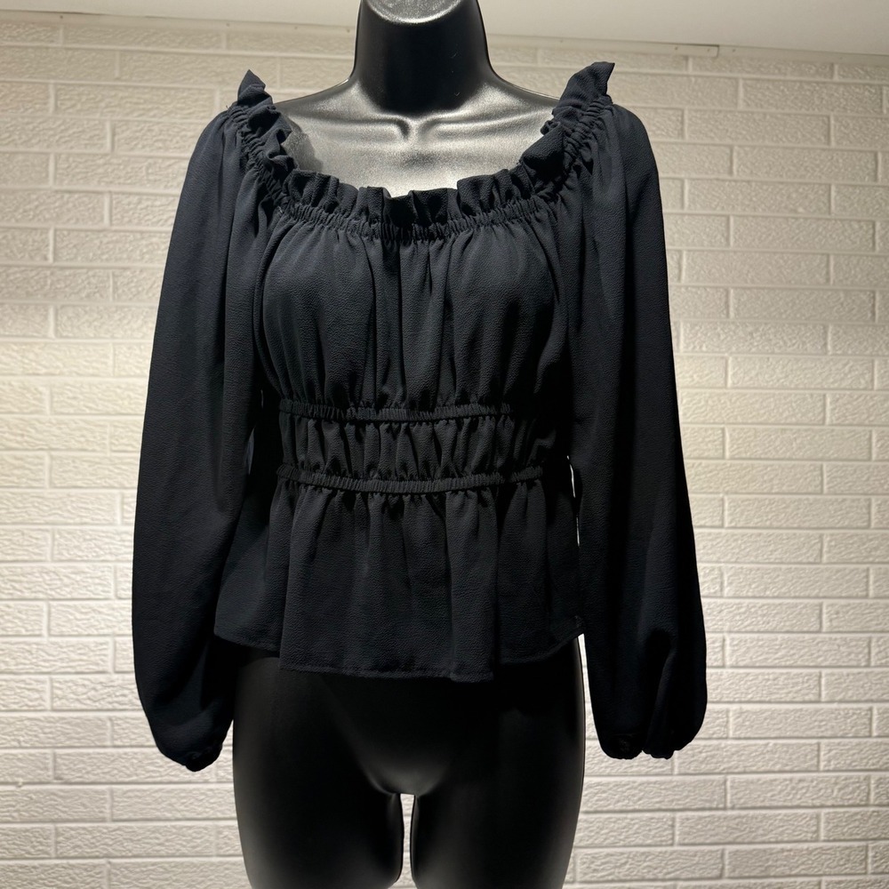 Sofia Vergara Black Long Sleeve Off‎ Shoulder Ruffle Smocked Blouse Top